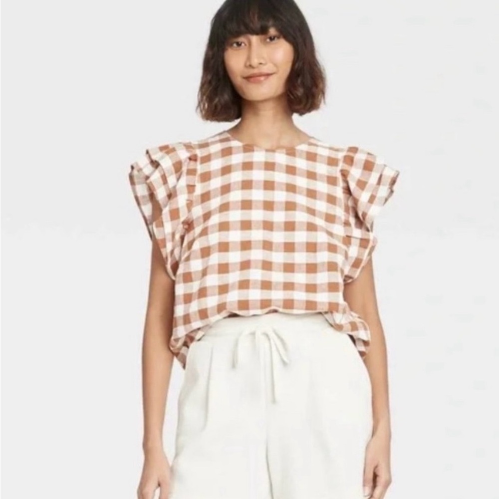 a new day Brown and White Checkered Blouse